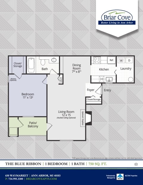 Floor plan for 1 bed, 1 bath, 750 sqft